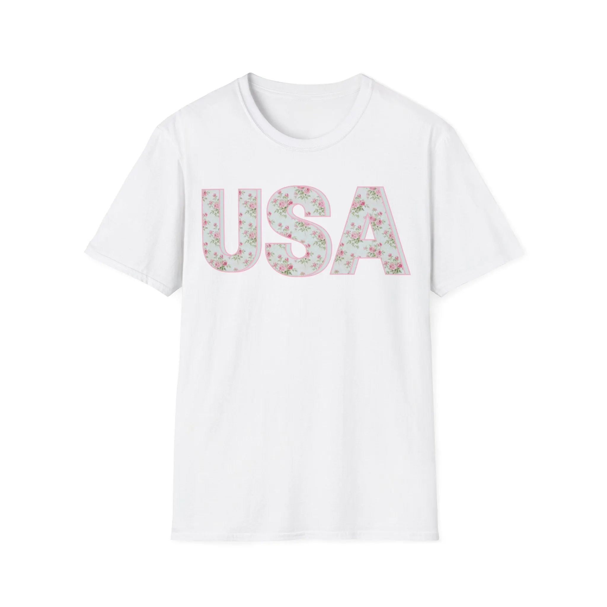 Pink and Blue Floral USA Graphic T-Shirt