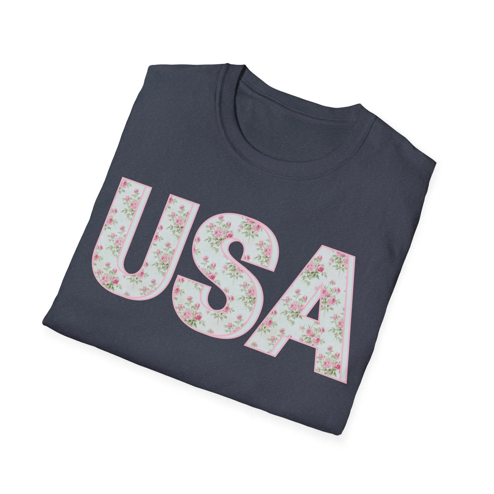 Pink and Blue Floral USA Graphic T-Shirt