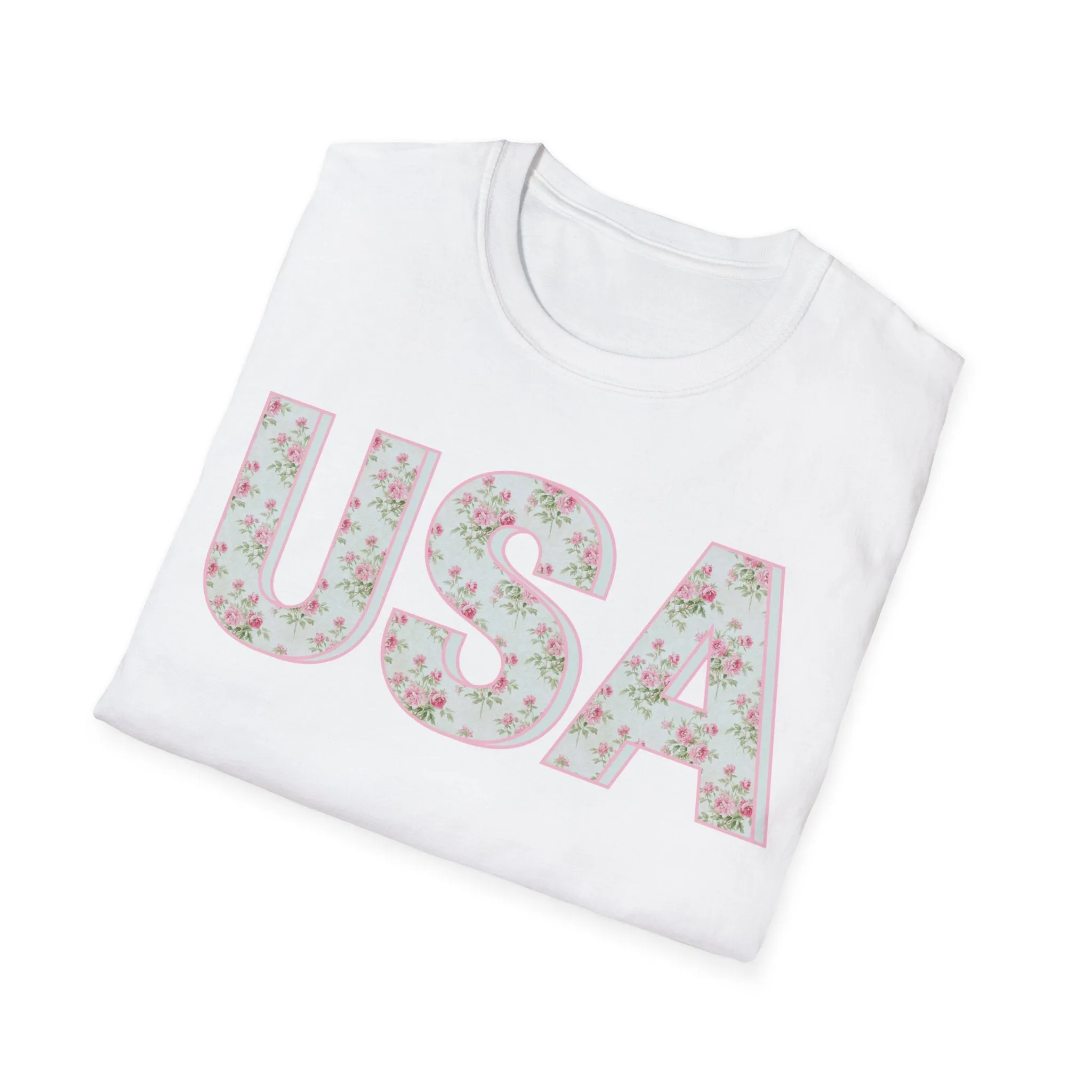 Pink and Blue Floral USA Graphic T-Shirt