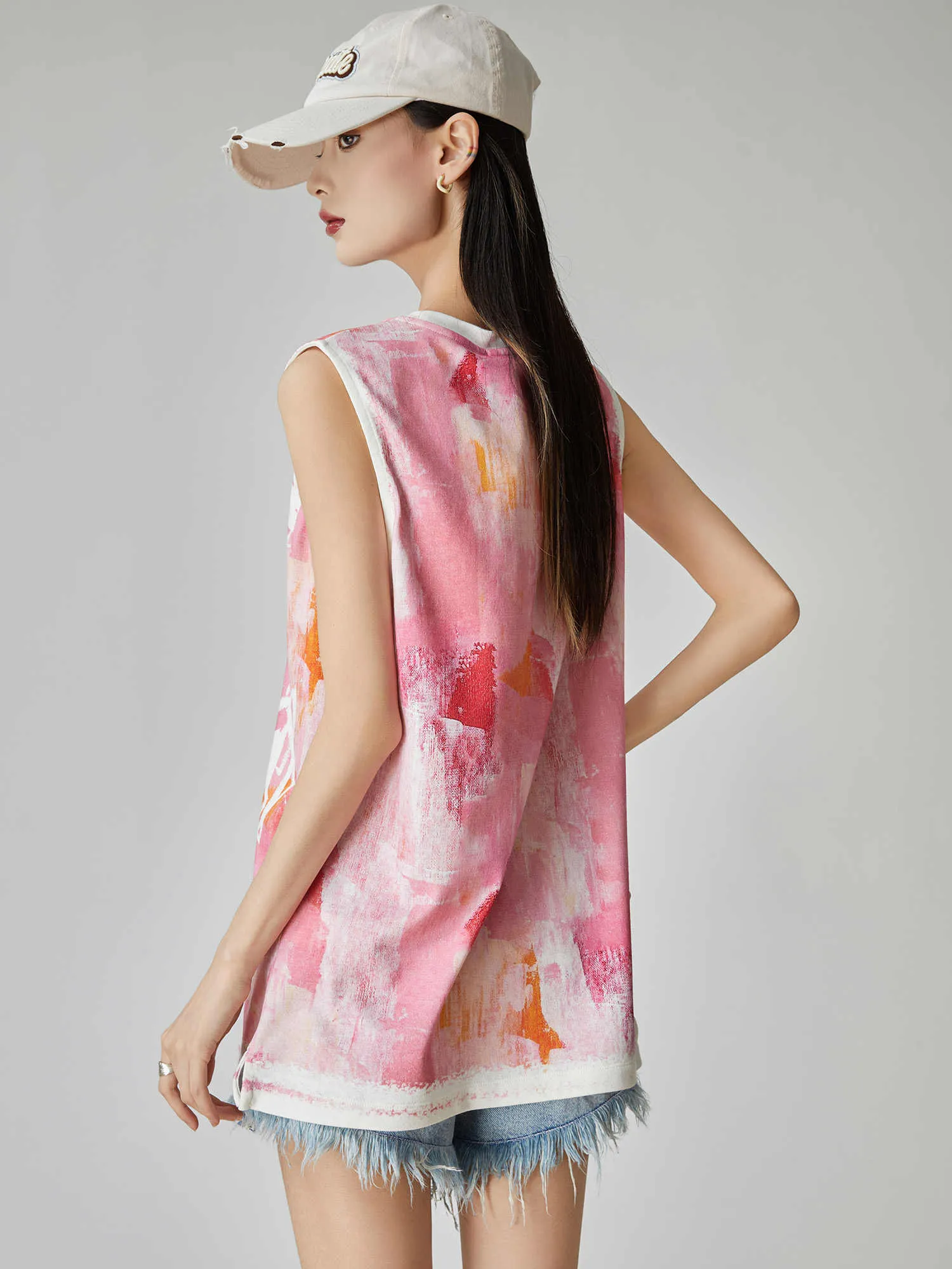Pink Watercolor Floral Sleeveless T-shirt Women's Loose Vest Top