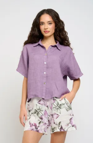 Pistache Short Sleeve Linen Crop Shirt