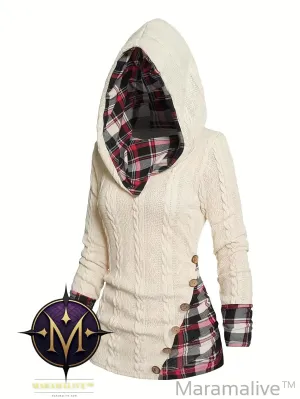 Plus Size Casual Top, Women's Plus Colorblock Plaid Print Cable Button Decor Long Sleeve Hoodie