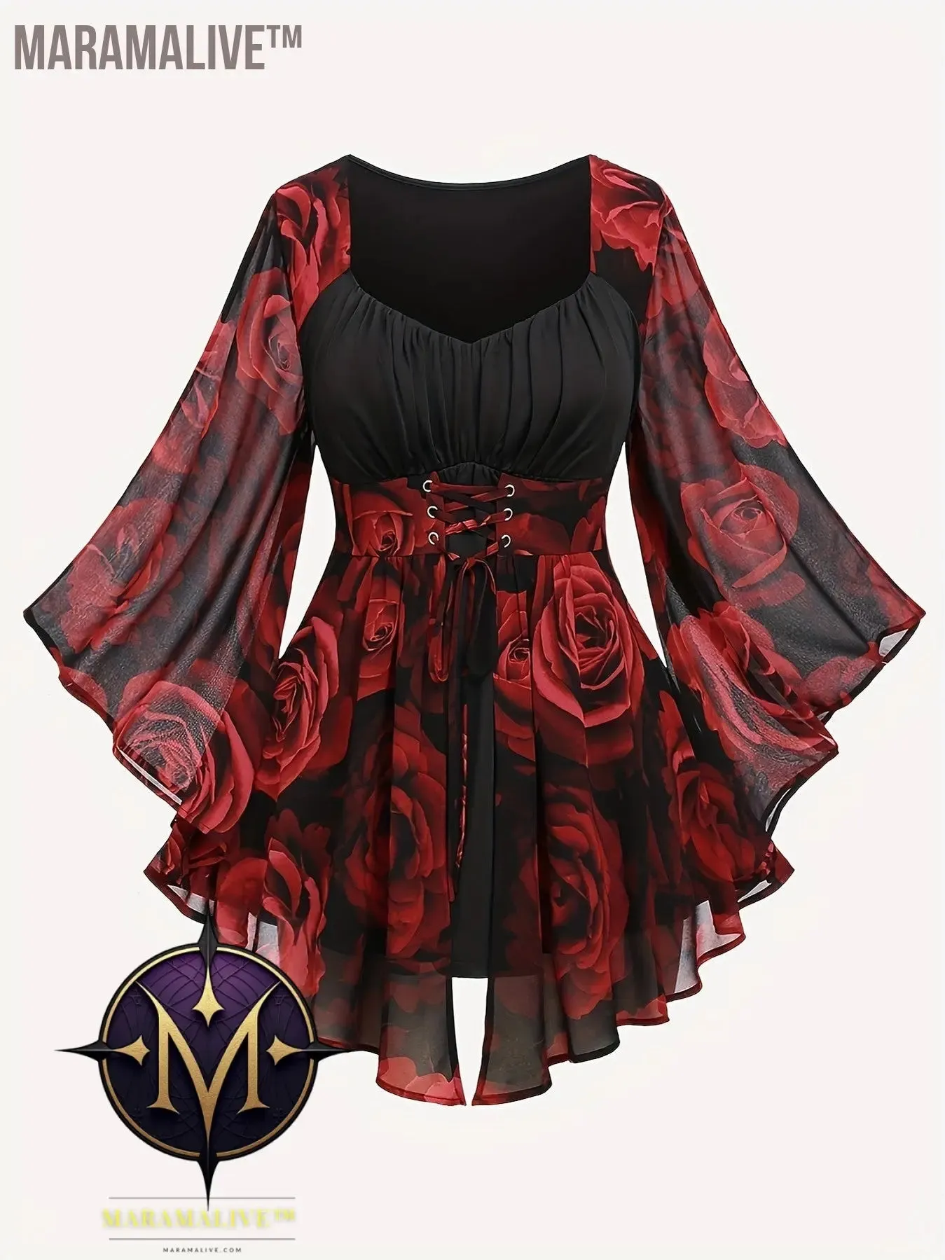 Plus Size Rose Print T-Shirt, Valentine's Day V Neck Long Sleeve T-Shirt, Women's Plus Size Clothing