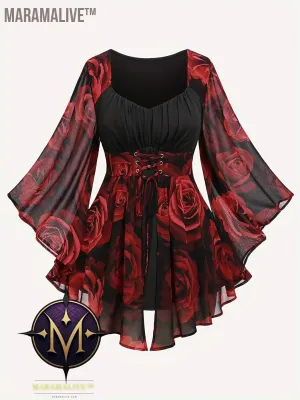 Plus Size Rose Print T-Shirt, Valentine's Day V Neck Long Sleeve T-Shirt, Women's Plus Size Clothing