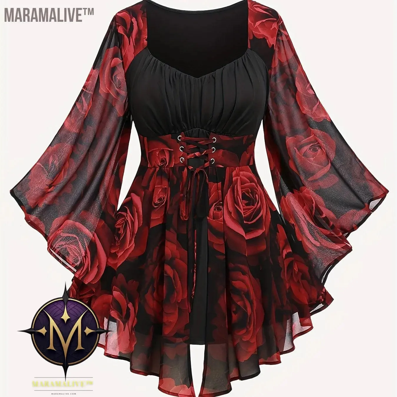 Plus Size Rose Print T-Shirt, Valentine's Day V Neck Long Sleeve T-Shirt, Women's Plus Size Clothing