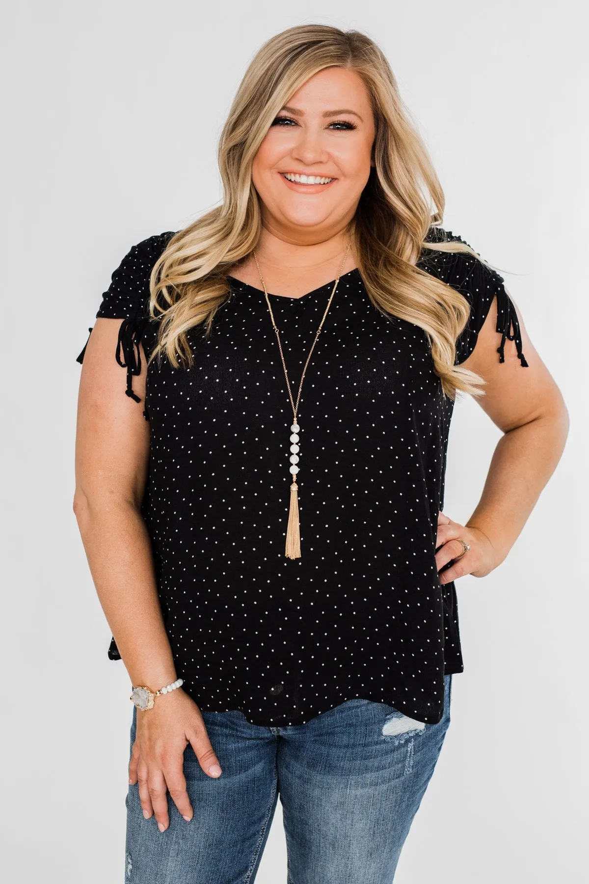 Polka Dot Cinched Tie Sleeve Top- Black