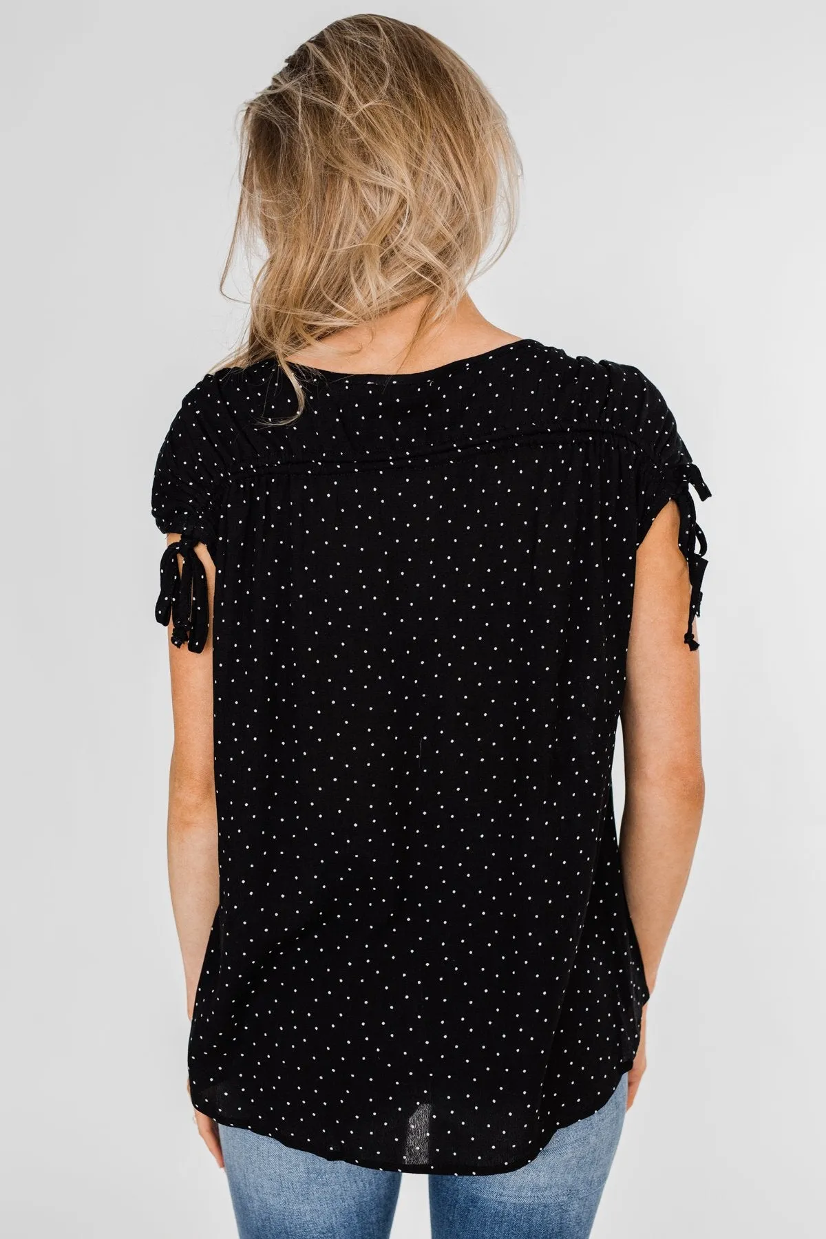 Polka Dot Cinched Tie Sleeve Top- Black
