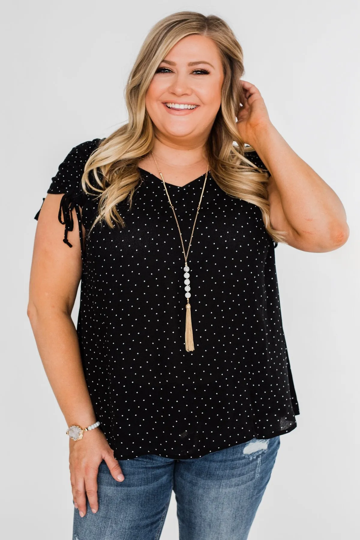 Polka Dot Cinched Tie Sleeve Top- Black