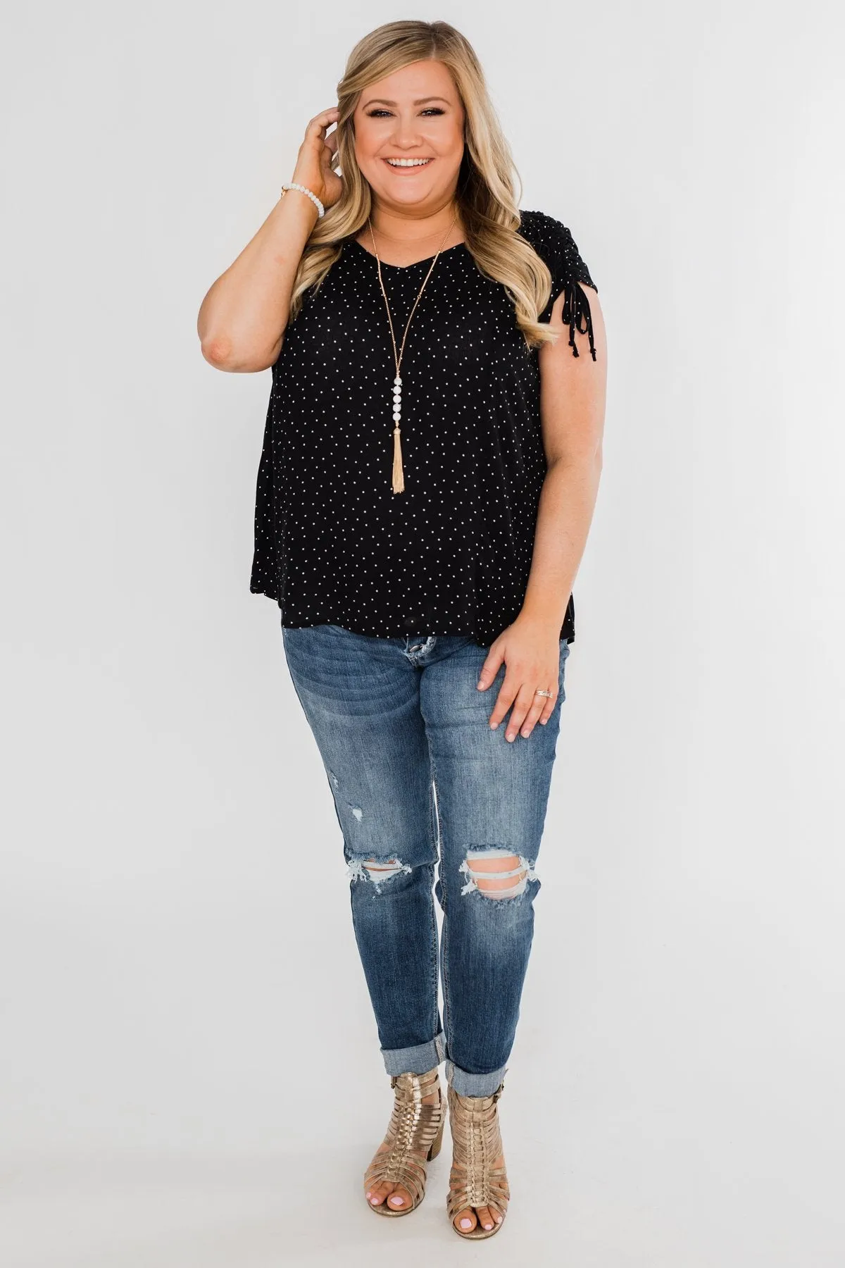 Polka Dot Cinched Tie Sleeve Top- Black
