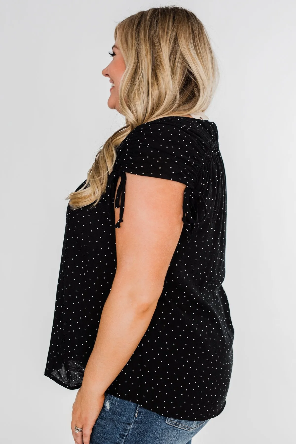 Polka Dot Cinched Tie Sleeve Top- Black