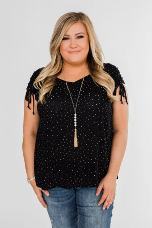 Polka Dot Cinched Tie Sleeve Top- Black
