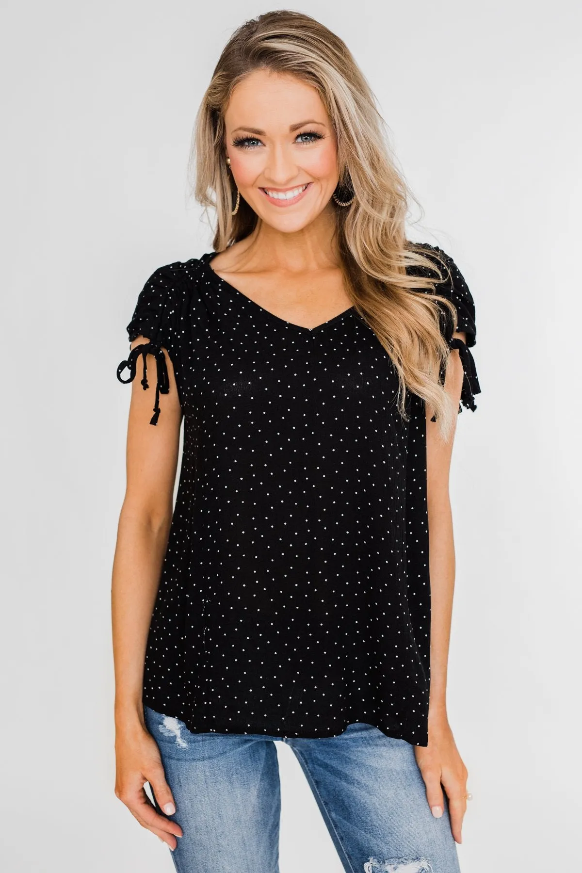 Polka Dot Cinched Tie Sleeve Top- Black