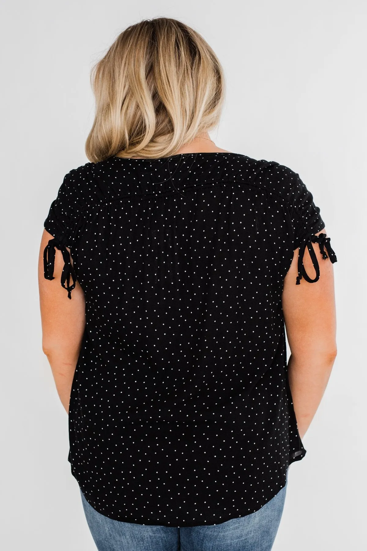 Polka Dot Cinched Tie Sleeve Top- Black