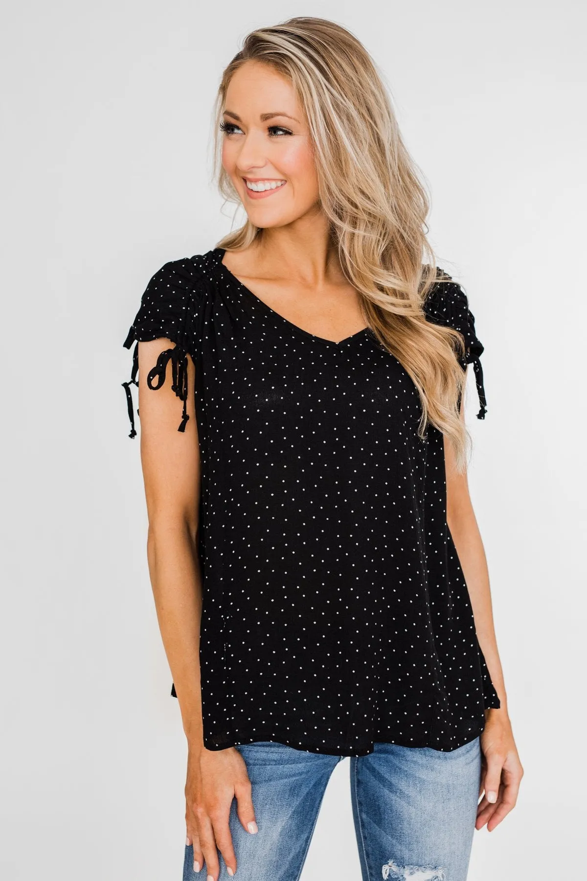 Polka Dot Cinched Tie Sleeve Top- Black
