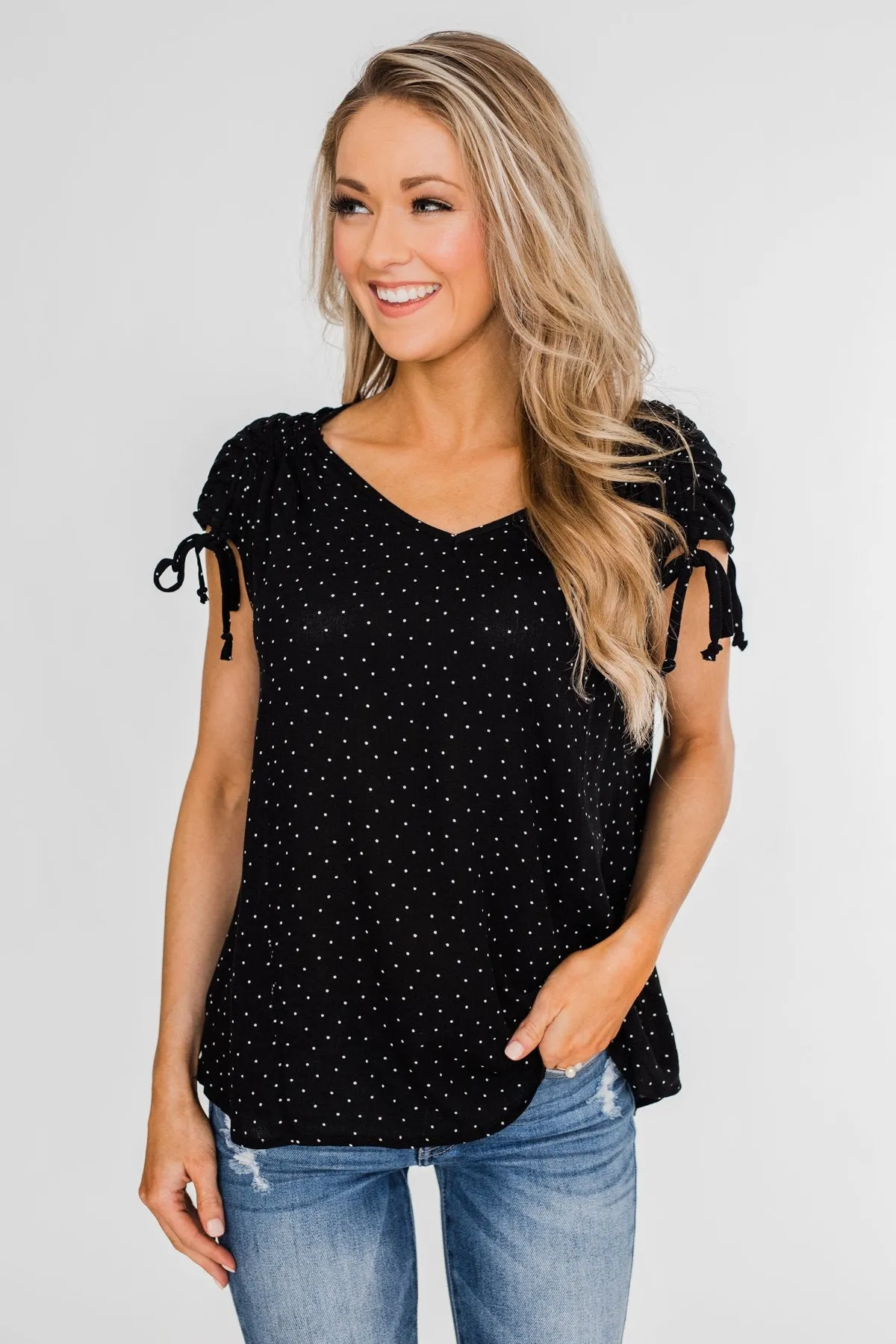 Polka Dot Cinched Tie Sleeve Top- Black