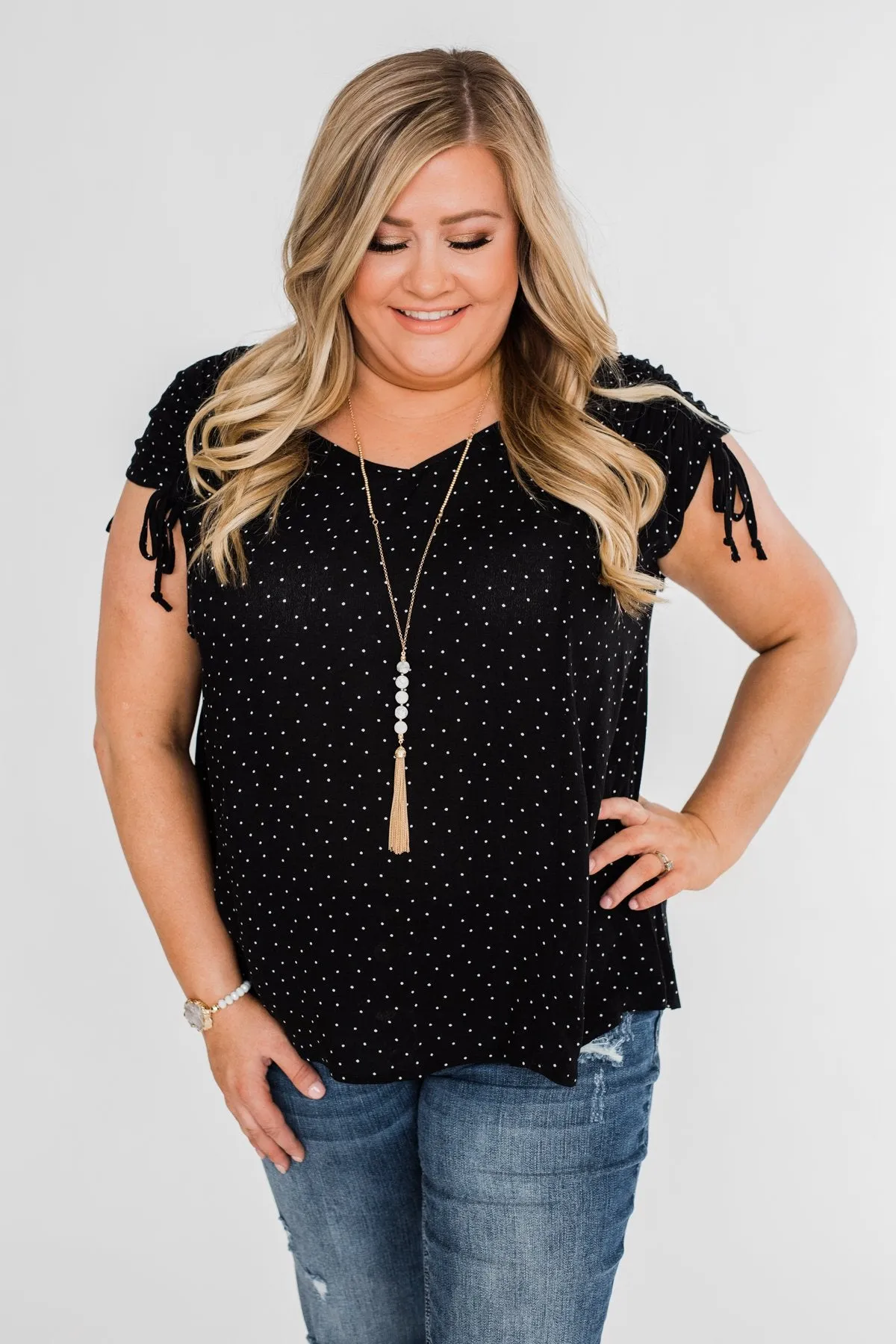 Polka Dot Cinched Tie Sleeve Top- Black
