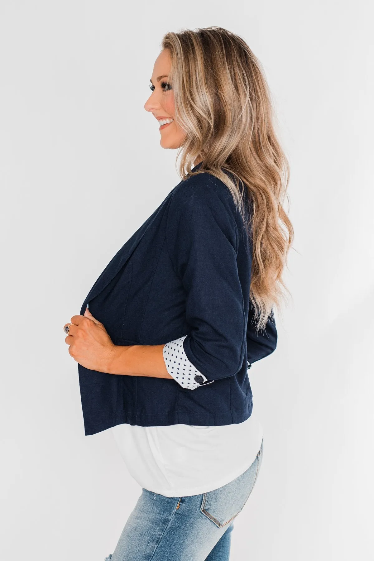 Polka Dot Cuff Blazer- Navy