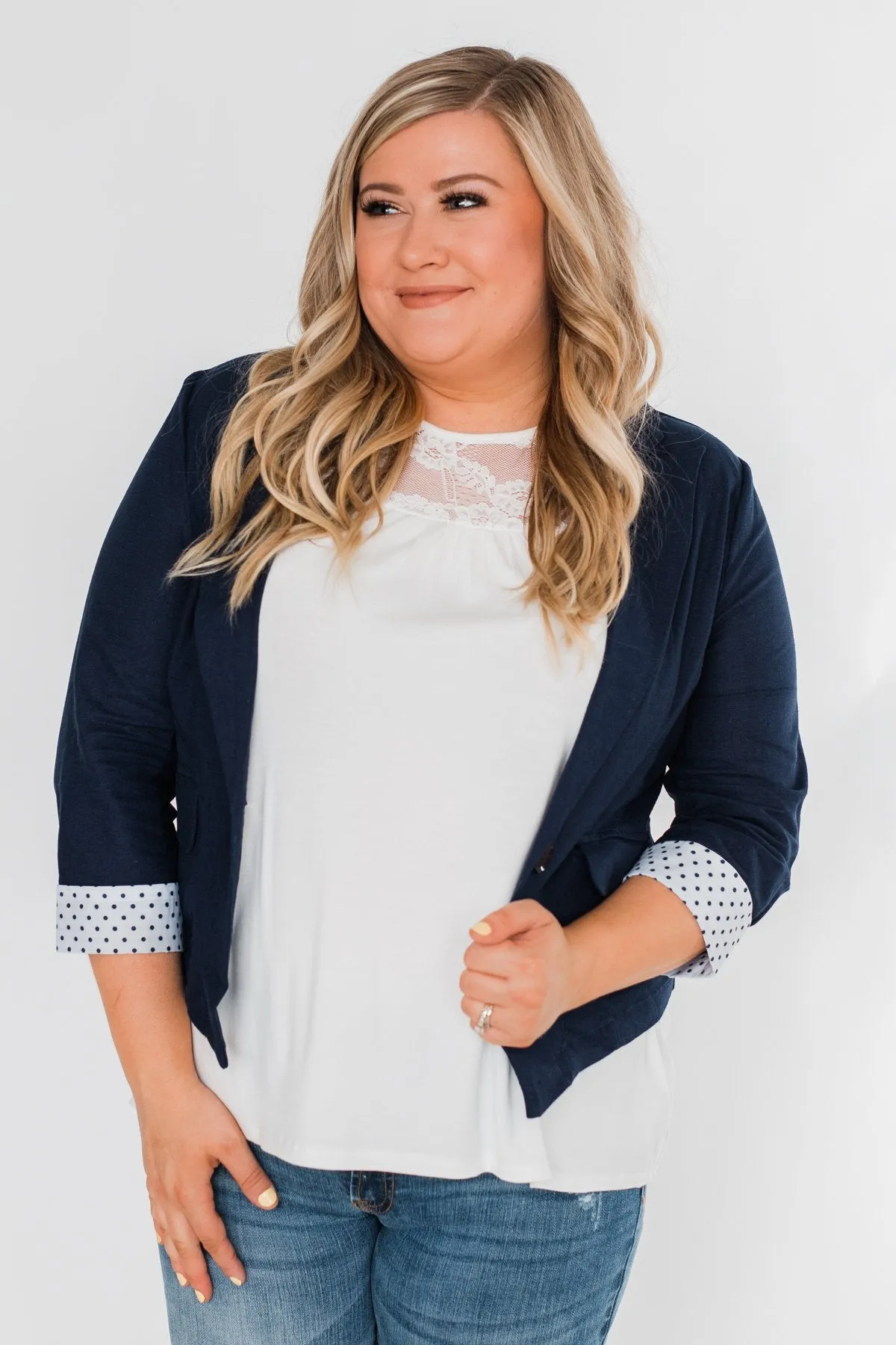 Polka Dot Cuff Blazer- Navy