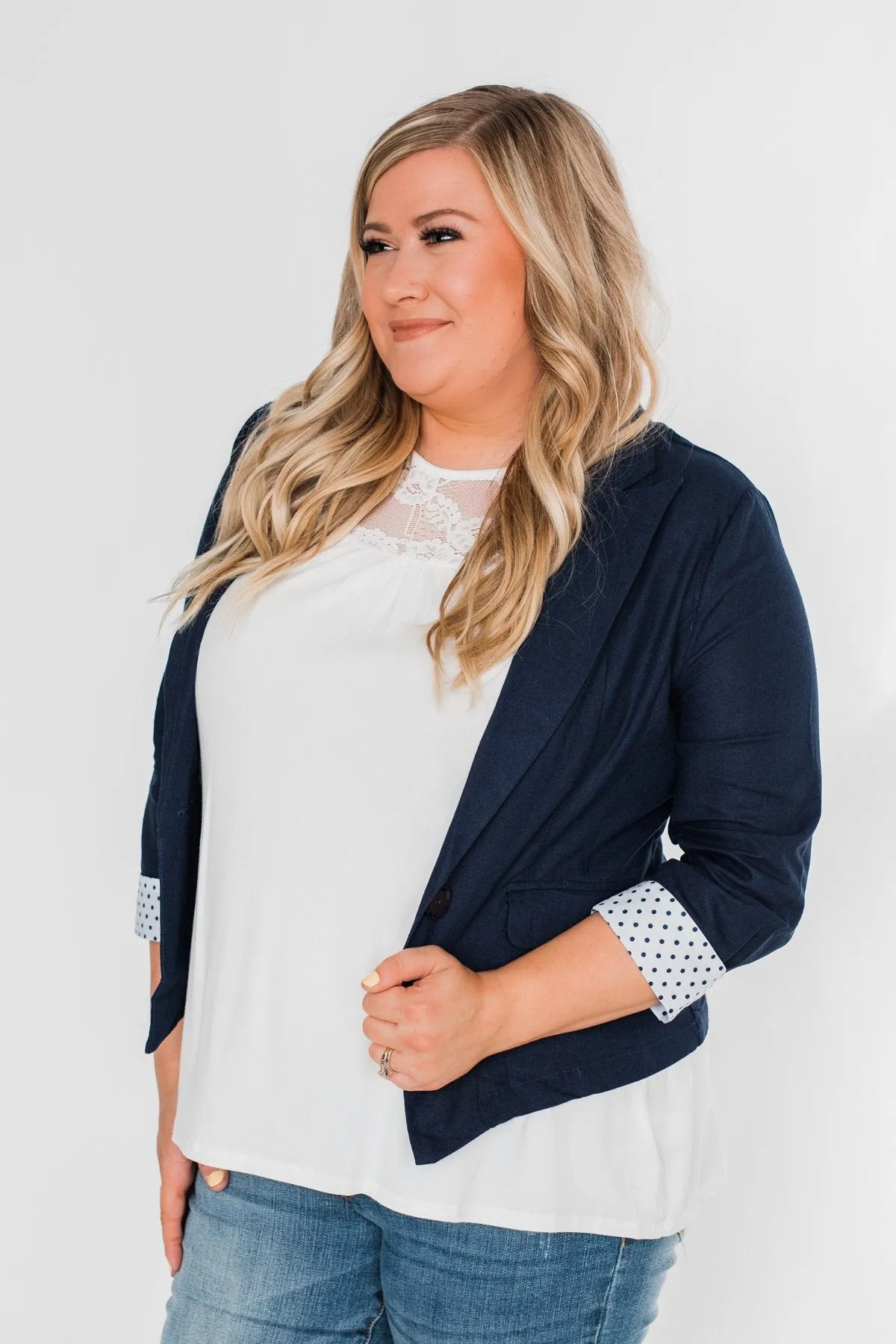 Polka Dot Cuff Blazer- Navy