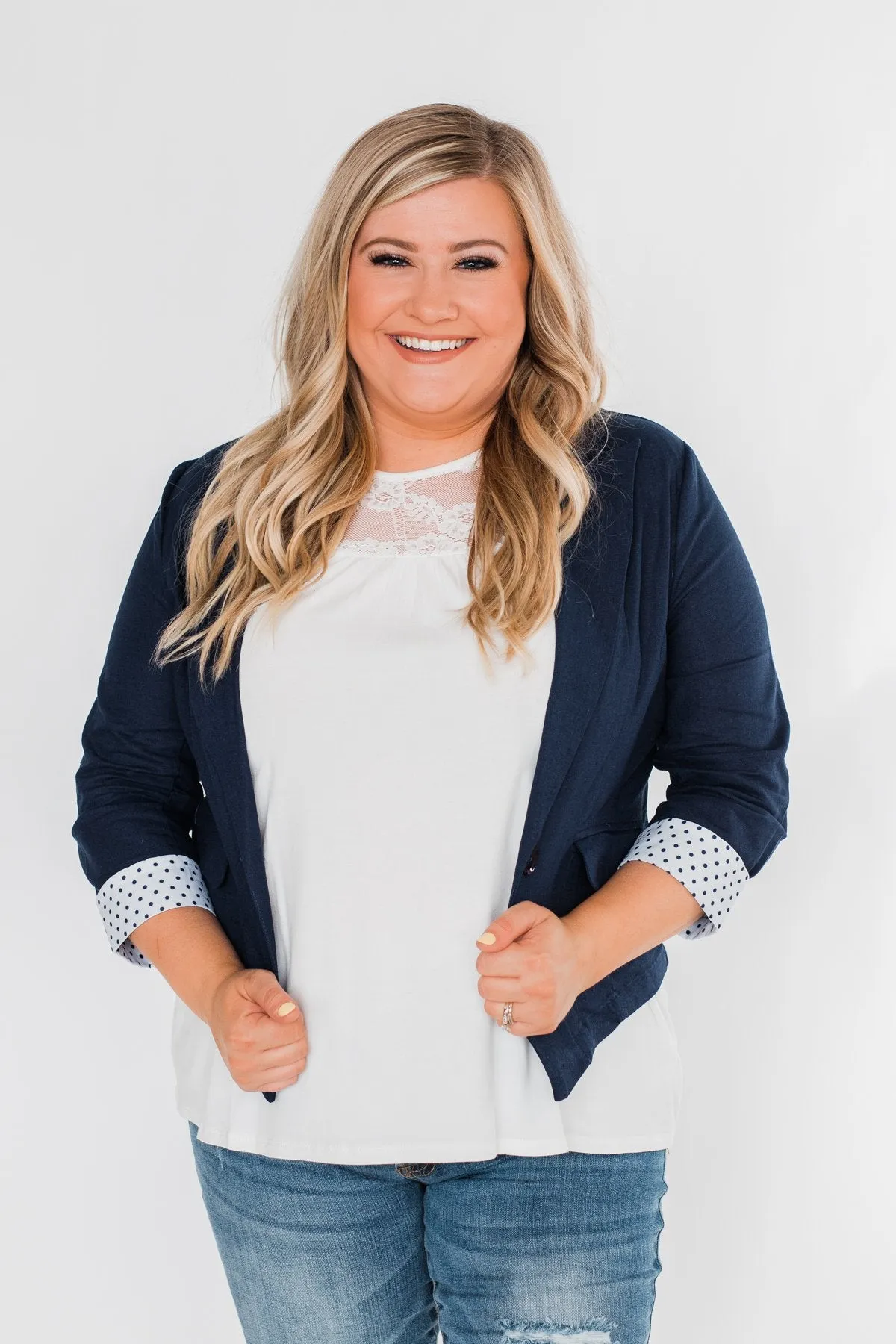 Polka Dot Cuff Blazer- Navy