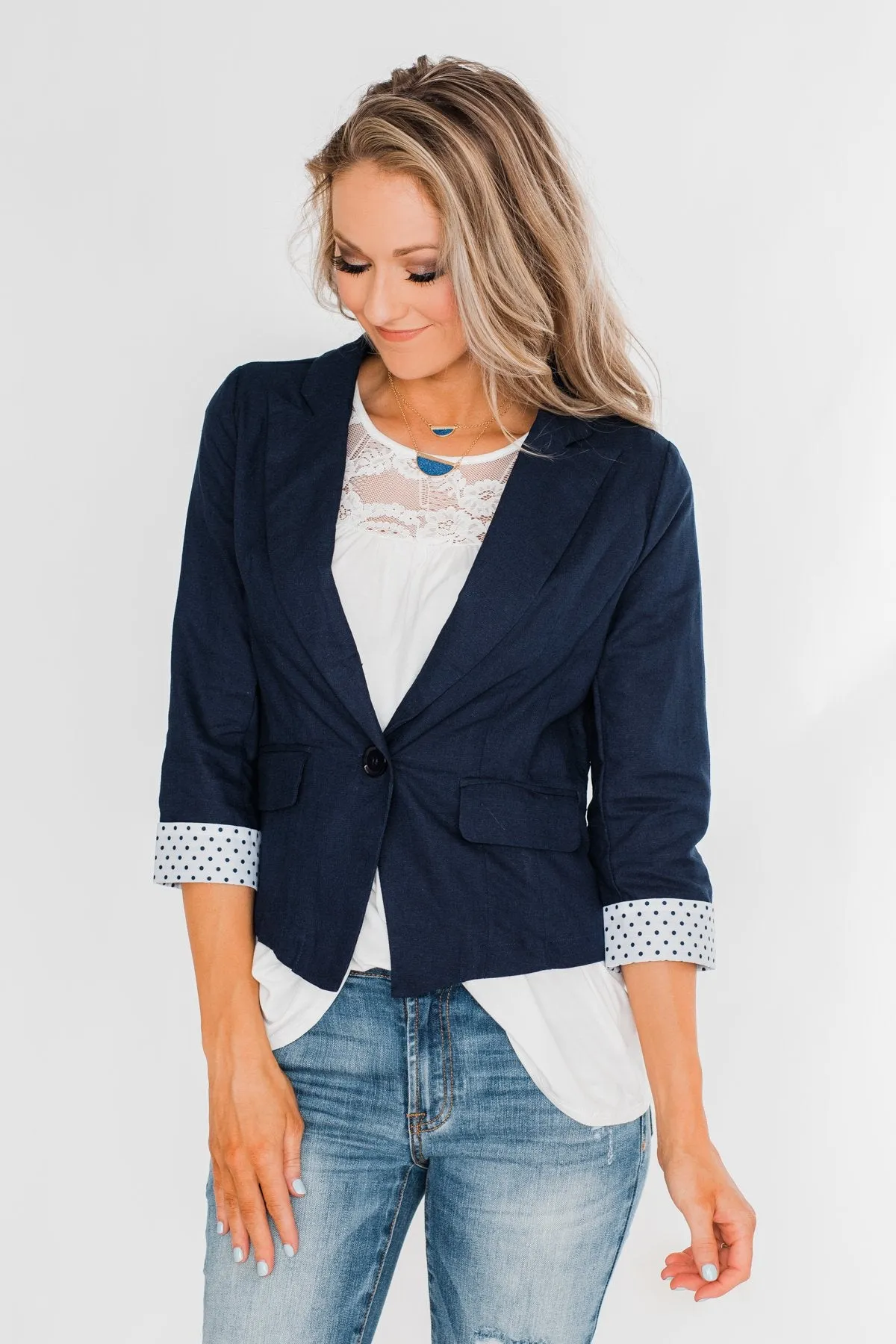 Polka Dot Cuff Blazer- Navy