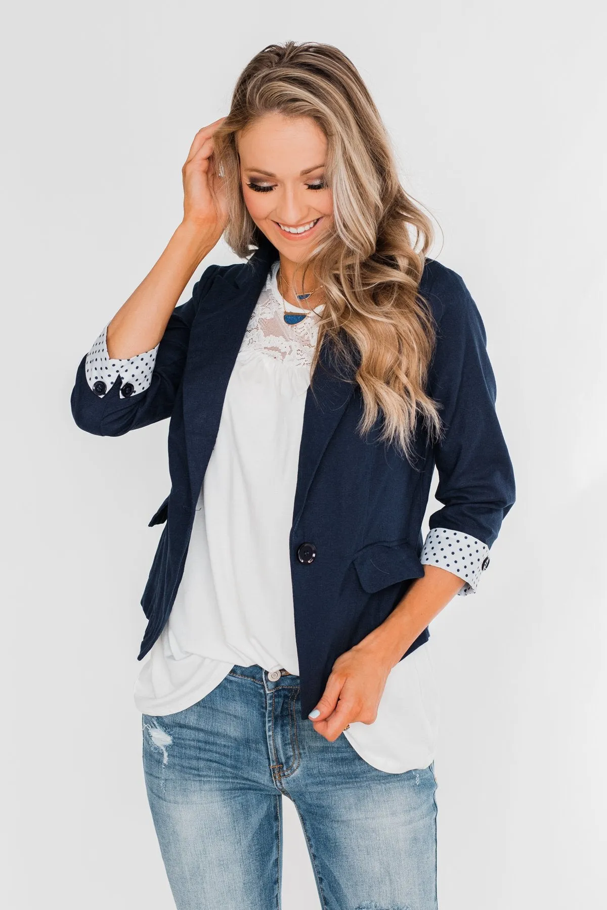 Polka Dot Cuff Blazer- Navy