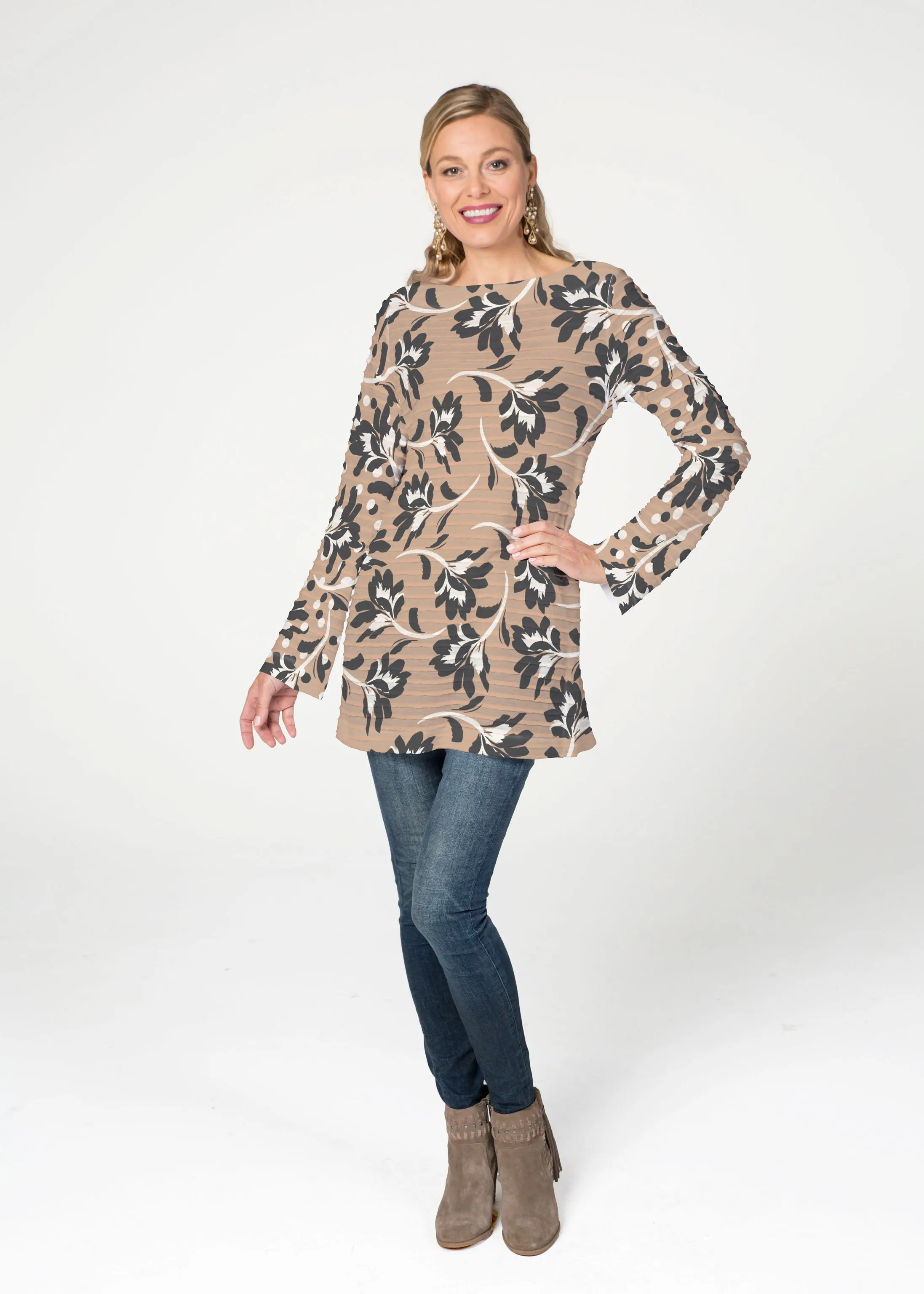 Polka Dot Floral (7875) ~ Banded Boatneck Tunic
