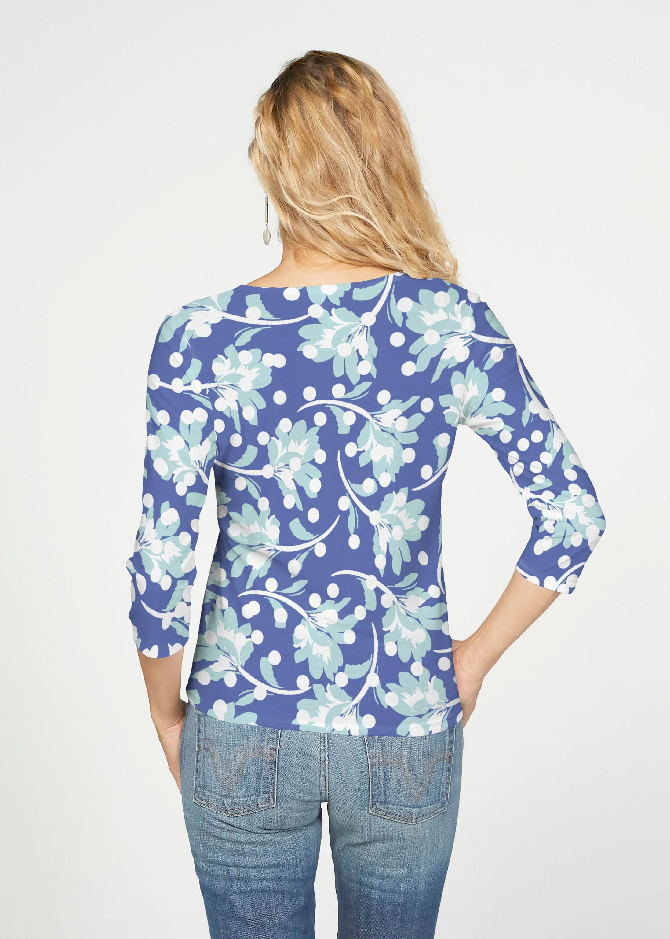 Polka Dot Floral Navy (7916) ~ French Terry Tie 3/4 Sleeve Top