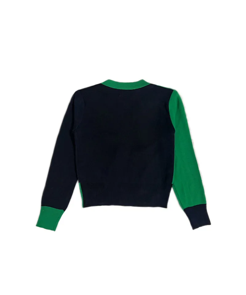 Q.C PLAY: Half and Half Color Round Neck Patch Cardigan Black - 3 Colors