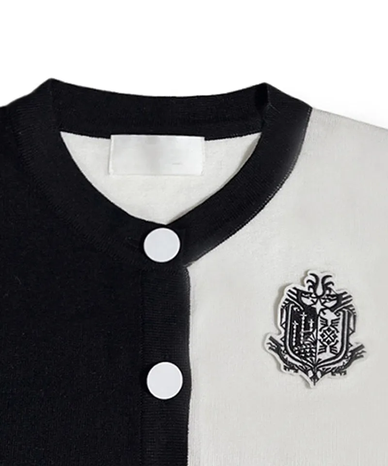 Q.C PLAY: Half and Half Color Round Neck Patch Cardigan Black - 3 Colors