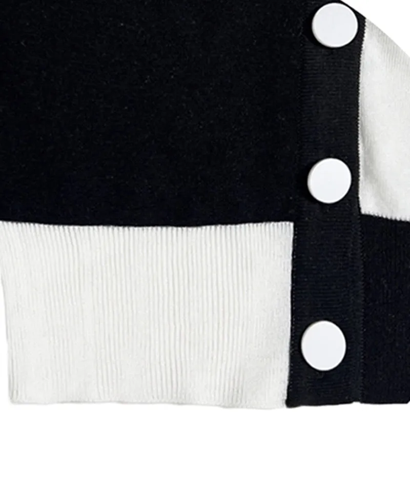 Q.C PLAY: Half and Half Color Round Neck Patch Cardigan Black - 3 Colors