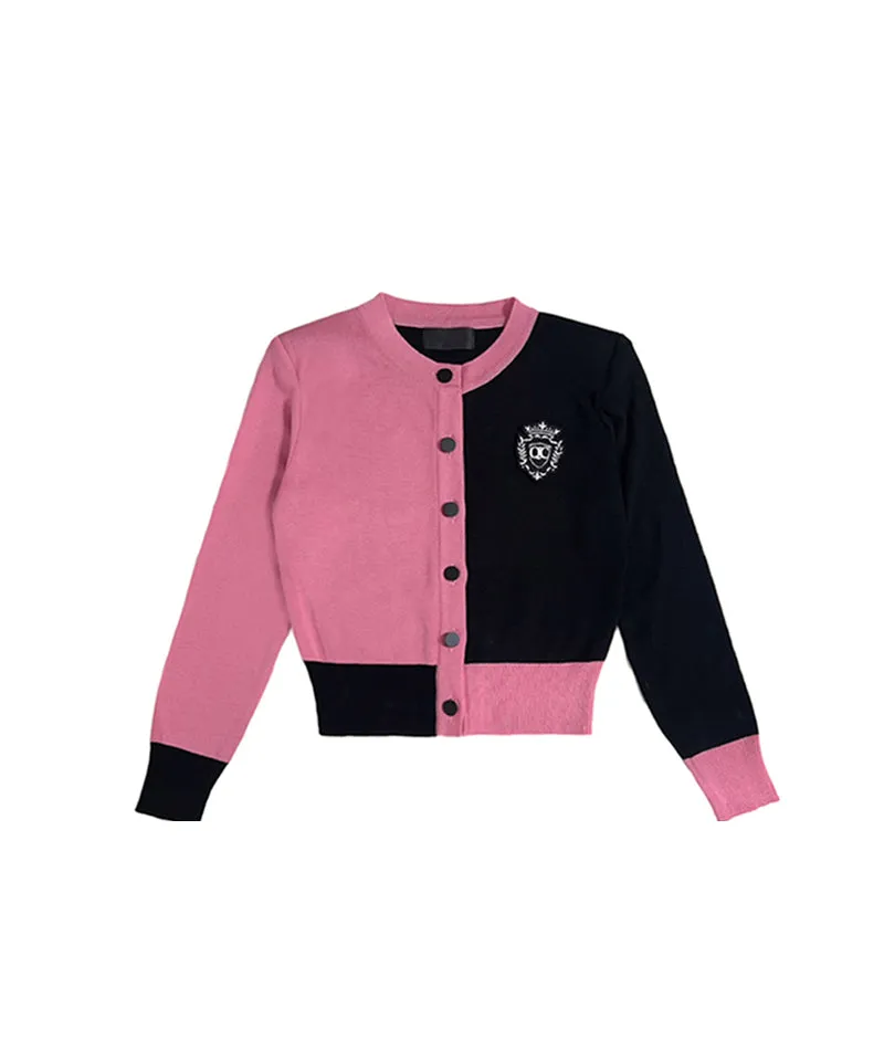 Q.C PLAY: Half and Half Color Round Neck Patch Cardigan Black - 3 Colors