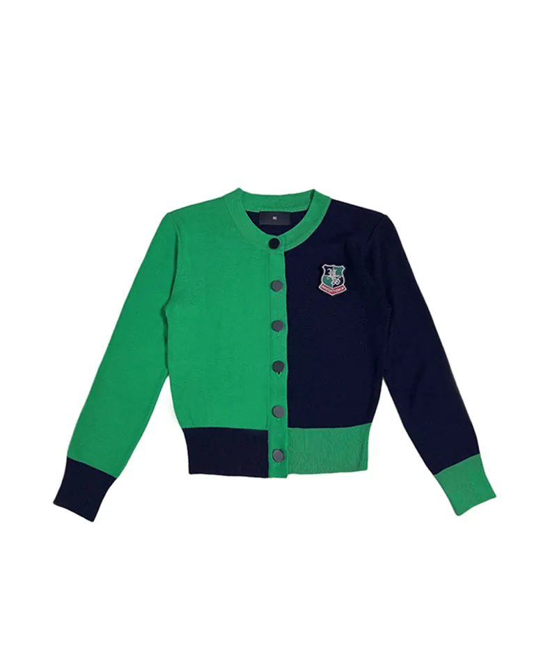 Q.C PLAY: Half and Half Color Round Neck Patch Cardigan Black - 3 Colors