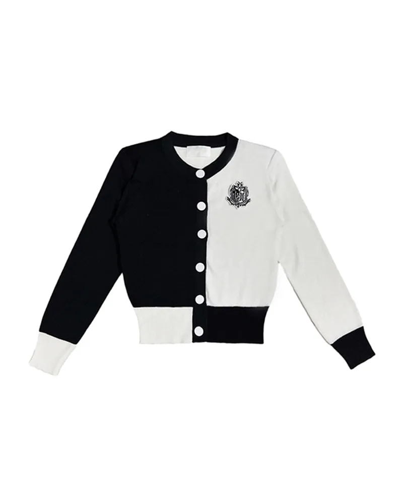 Q.C PLAY: Half and Half Color Round Neck Patch Cardigan Black - 3 Colors