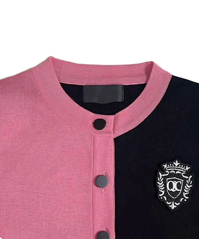 Q.C PLAY: Half and Half Color Round Neck Patch Cardigan Black - 3 Colors