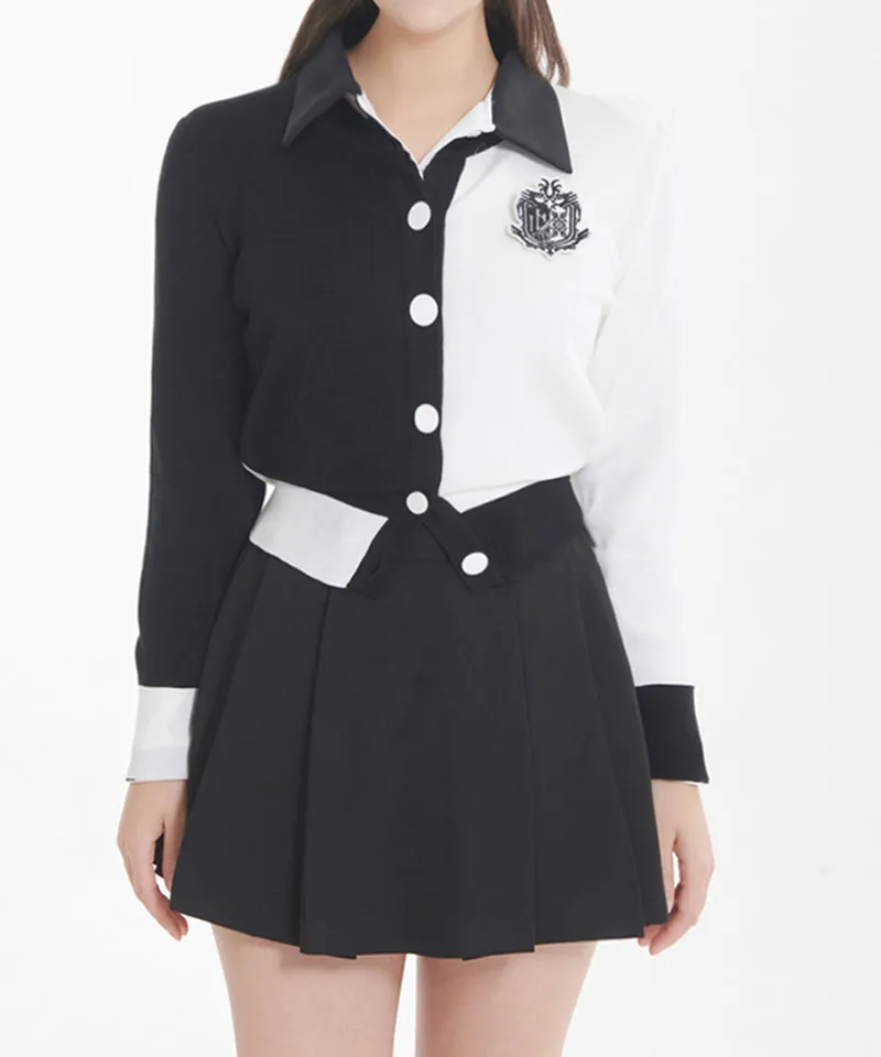 Q.C PLAY: Half and Half Color Round Neck Patch Cardigan Black - 3 Colors