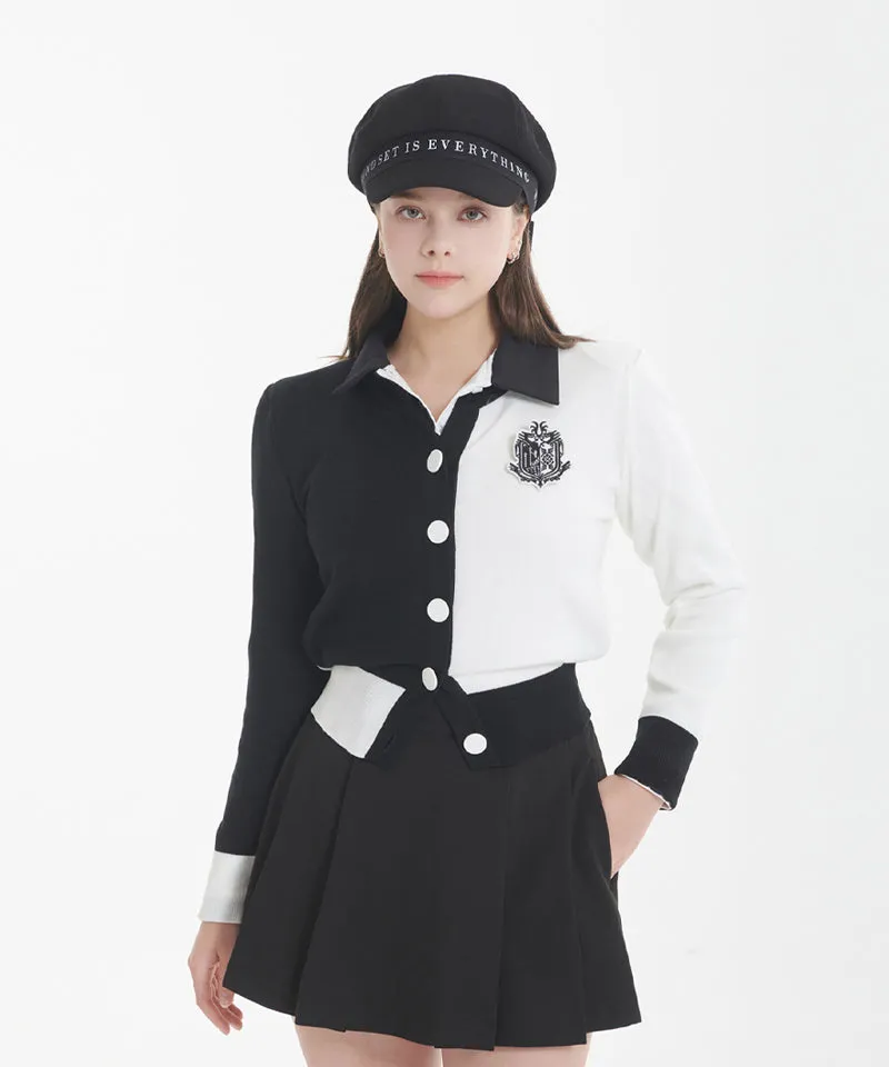 Q.C PLAY: Half and Half Color Round Neck Patch Cardigan Black - 3 Colors