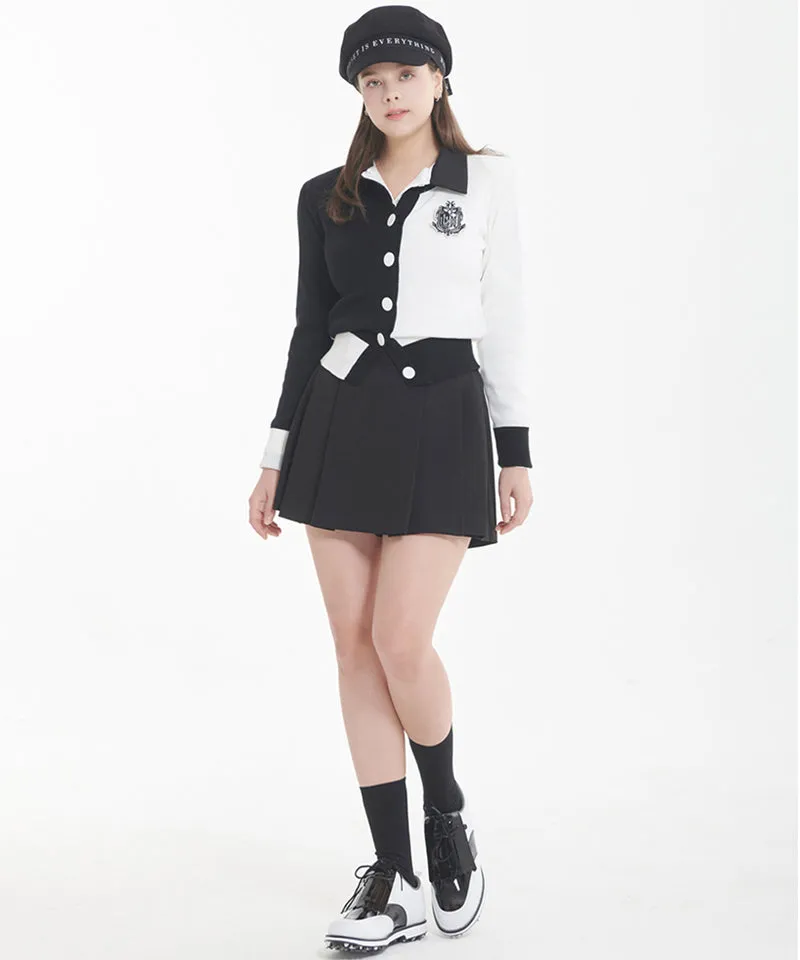 Q.C PLAY: Half and Half Color Round Neck Patch Cardigan Black - 3 Colors