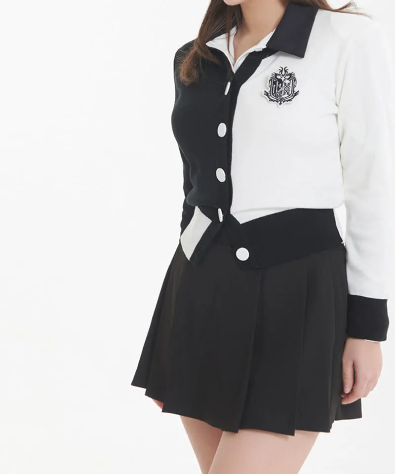 Q.C PLAY: Half and Half Color Round Neck Patch Cardigan Black - 3 Colors