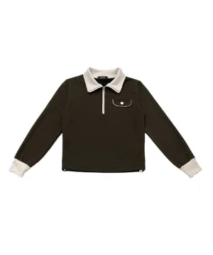 Q.C PLAY: Spandex Ribbed Pocket String Zip-Up  T-Shirt - Brown