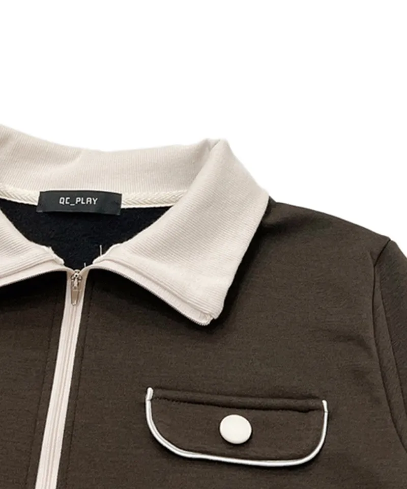 Q.C PLAY: Spandex Ribbed Pocket String Zip-Up  T-Shirt - Brown