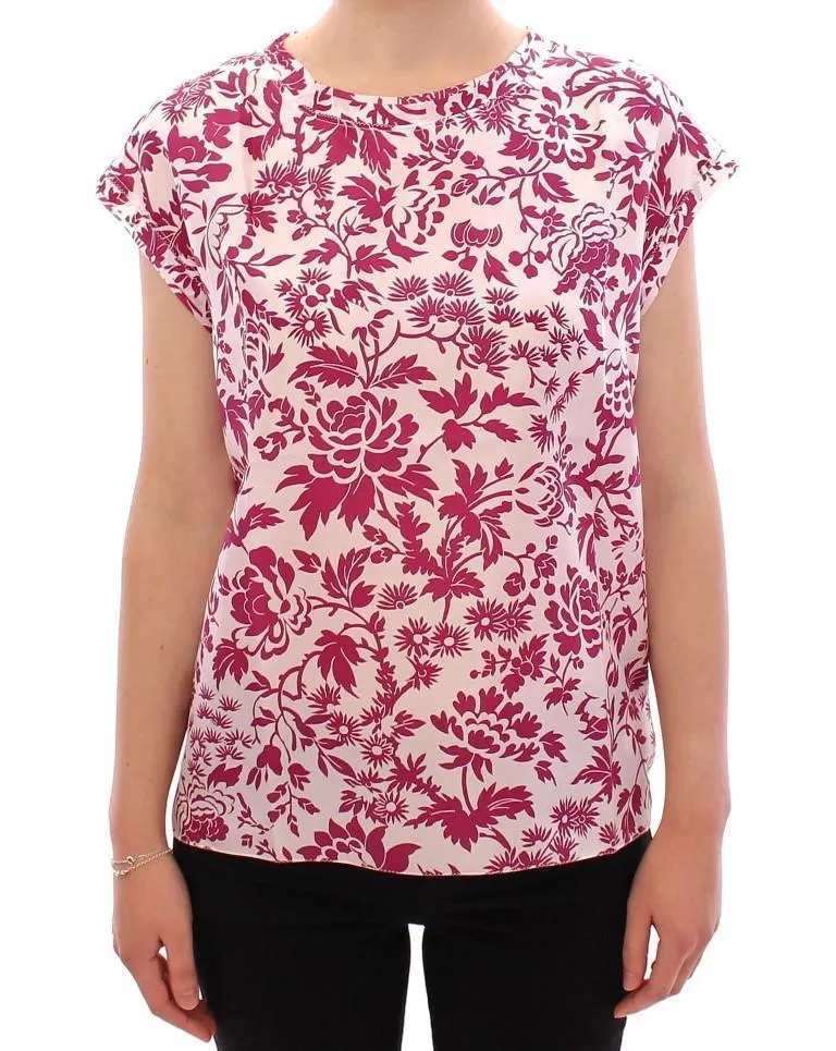 Red floral cap sleeve silk blouse