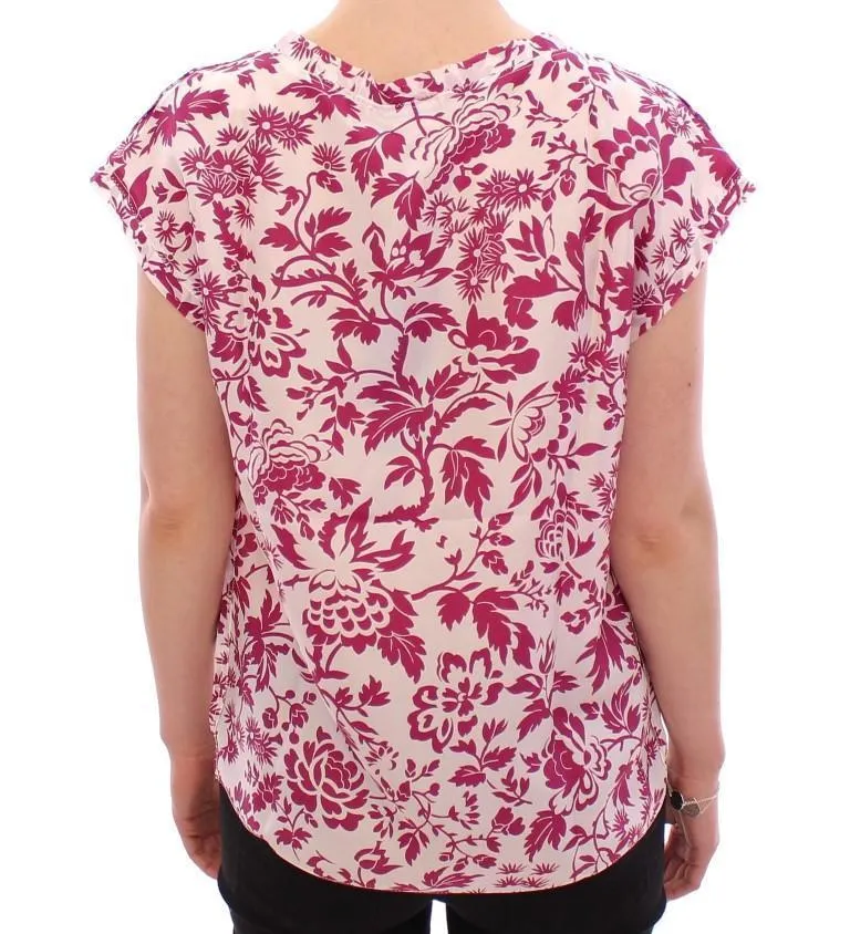 Red floral cap sleeve silk blouse
