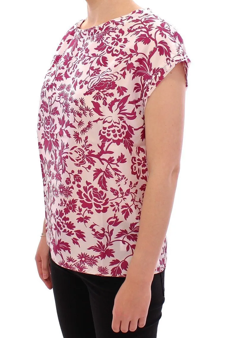 Red floral cap sleeve silk blouse