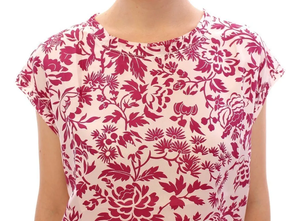 Red floral cap sleeve silk blouse