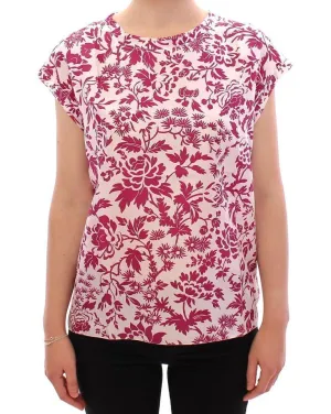 Red floral cap sleeve silk blouse