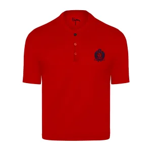 Red Round Neck Short Sleeve T-Shirt with 3 Buttons