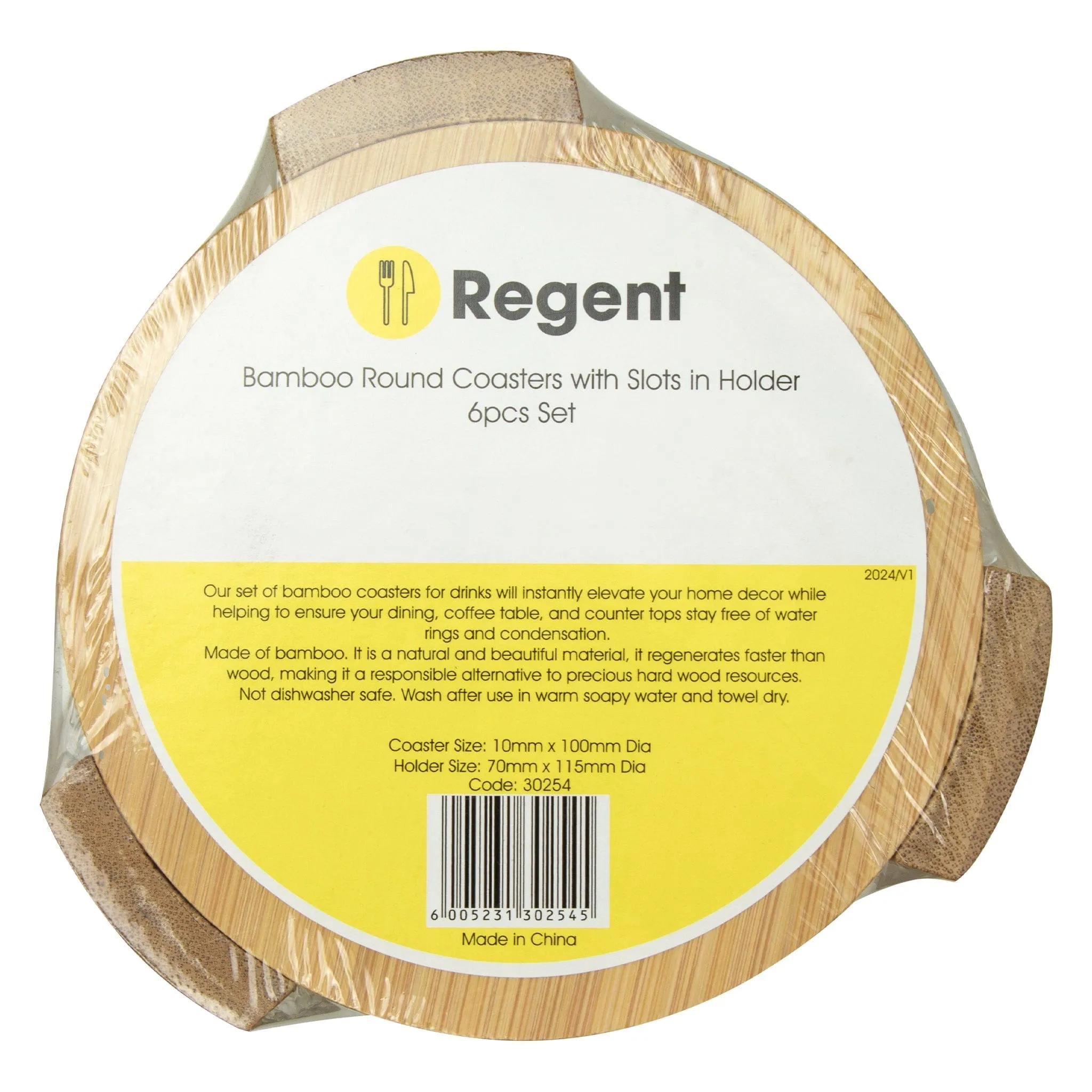 Regent Bamboo Round Coasters With Slots In Holder 6 Piece Set 30254
