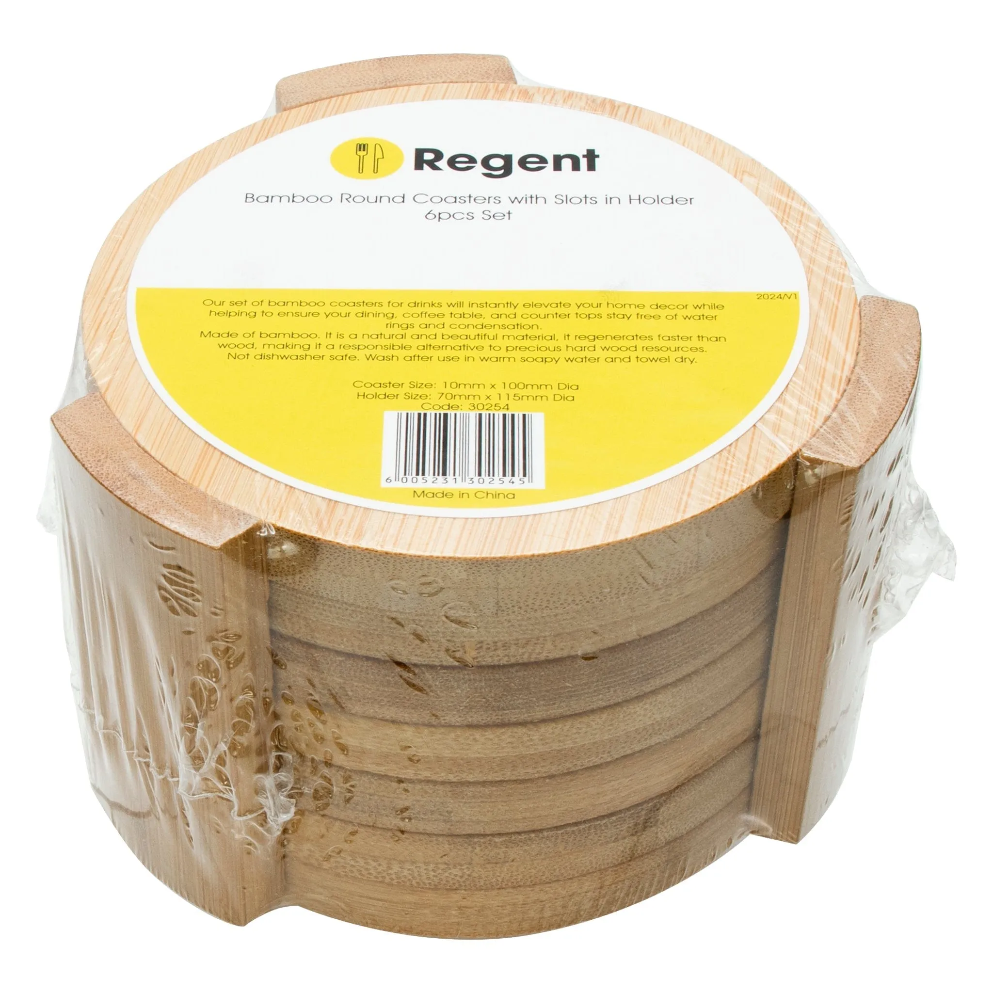 Regent Bamboo Round Coasters With Slots In Holder 6 Piece Set 30254