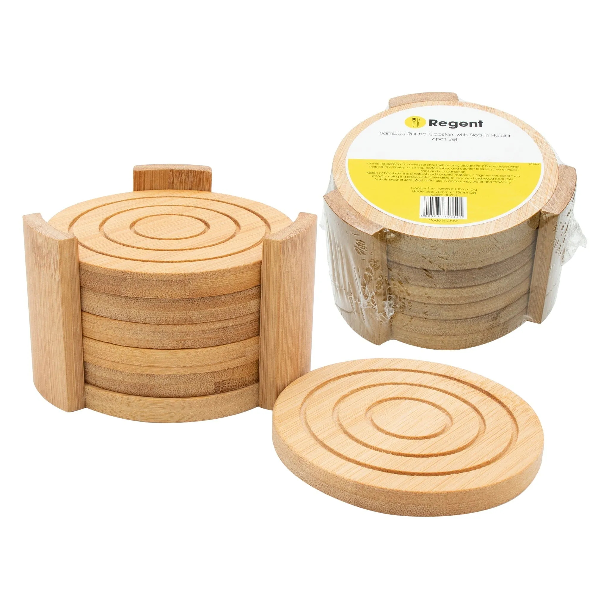Regent Bamboo Round Coasters With Slots In Holder 6 Piece Set 30254